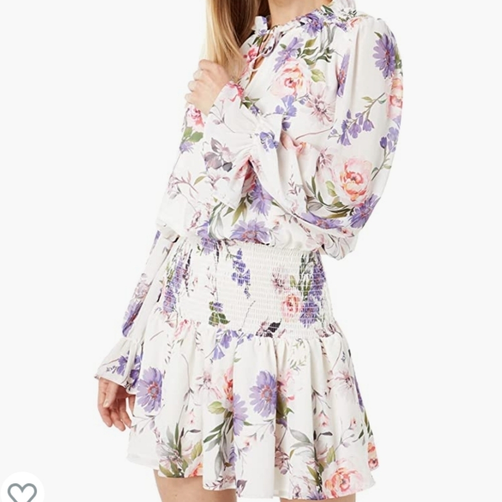 NWT Yumi Kim Leslie Smocked Long Sleeve Floral Mini Dress Joy Ride Ivory Size XS